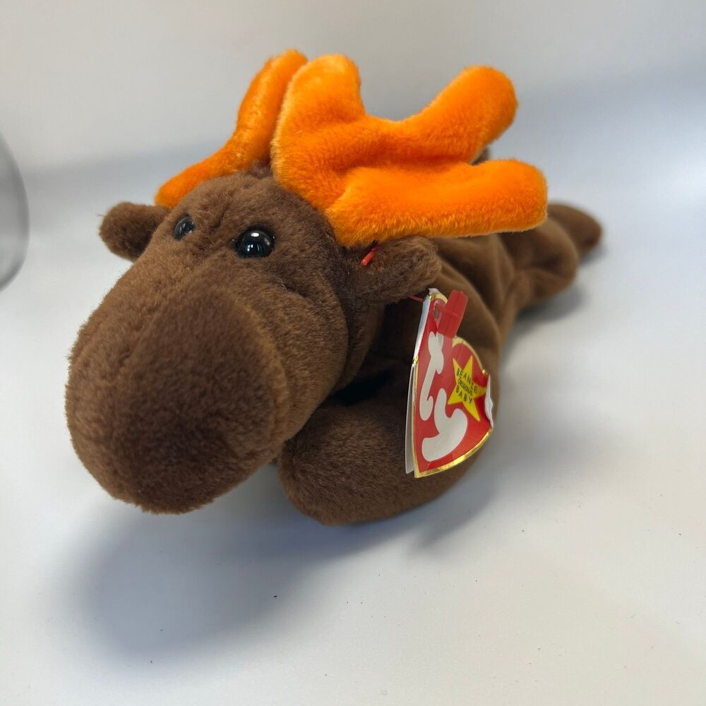 EUC Vtg 1993 TY Beanie Baby Chocolate Brown Moose Orange Antlers Bean Bag Plush